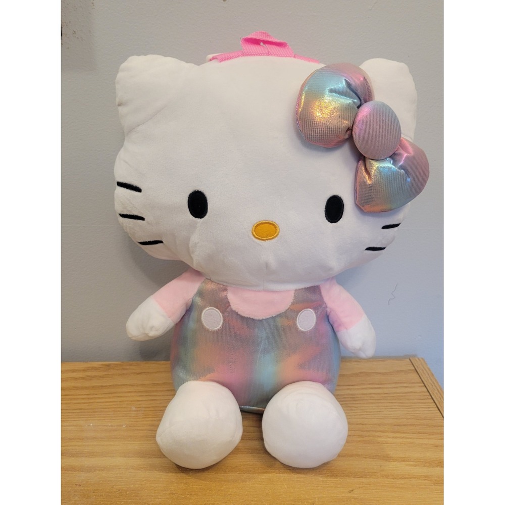Sanrio Hello Kitty 15in Metallic Rainbow Iridescent Plush Backpack Pink White